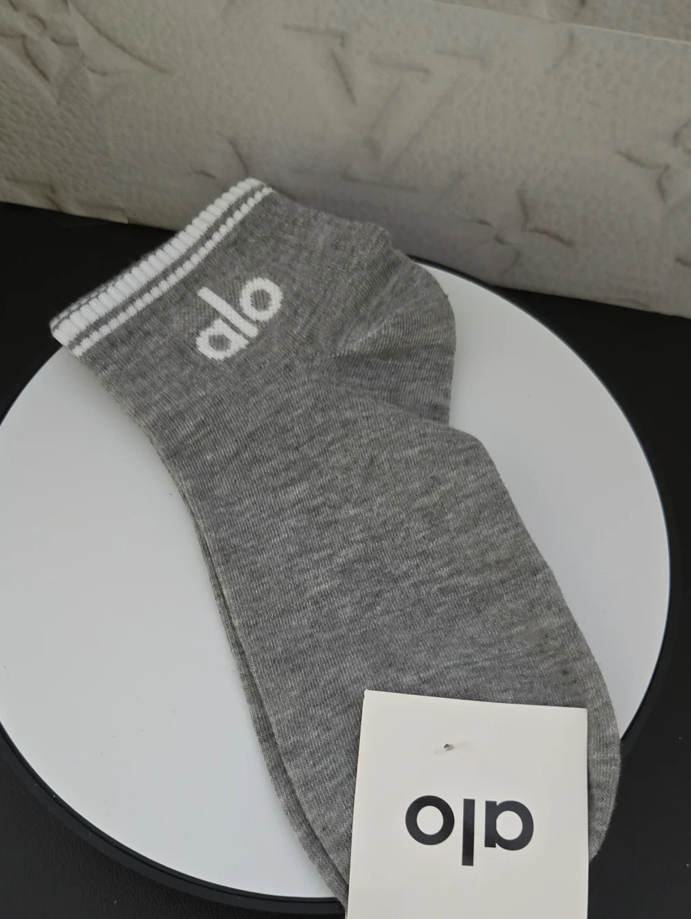 ALO Grey Athletic Ankle Socks with White Stripe